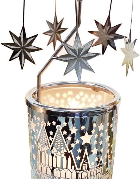 Metal Rotary Candle Holder Spinning Windmill Tea Light Carousel Decor for Home & Gifts (Silver North Star)