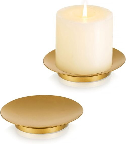 Iron Plate Candle Holder - Gold Candle Holders for Pillar Candles, Set of 2 Small Candle Tray Pillar Candle Holder Plate Metal Candle Stand for Coffee Table Decor, Wedding, Party, Home Decor