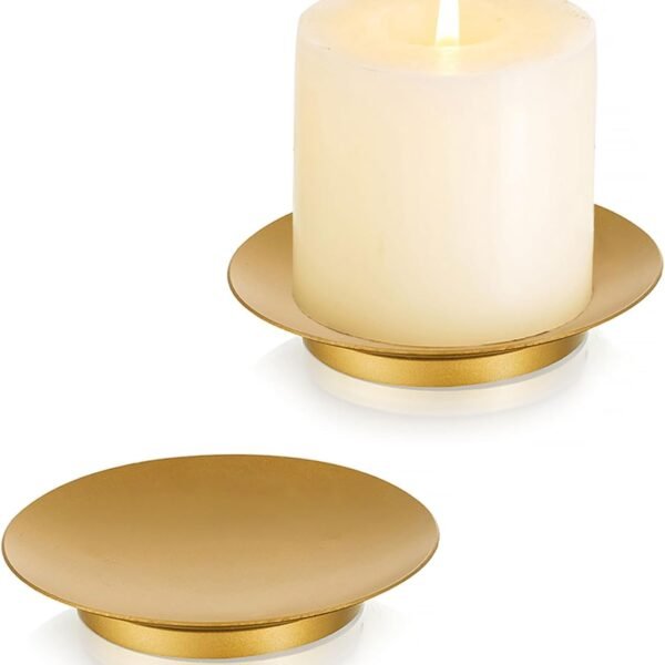 Iron Plate Candle Holder - Gold Candle Holders for Pillar Candles, Set of 2 Small Candle Tray Pillar Candle Holder Plate Metal Candle Stand for Coffee Table Decor, Wedding, Party, Home Decor