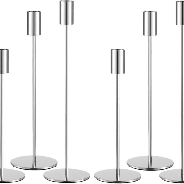 Set of 6 Silver Taper Candle Holders, Metal Silver Candlestick Holders, Tall Candle Holder, Fits 3/4 inch Thick Candle&Led Candles, for Table Centerpiece, Wedding, Dinning, Party Home Decor
