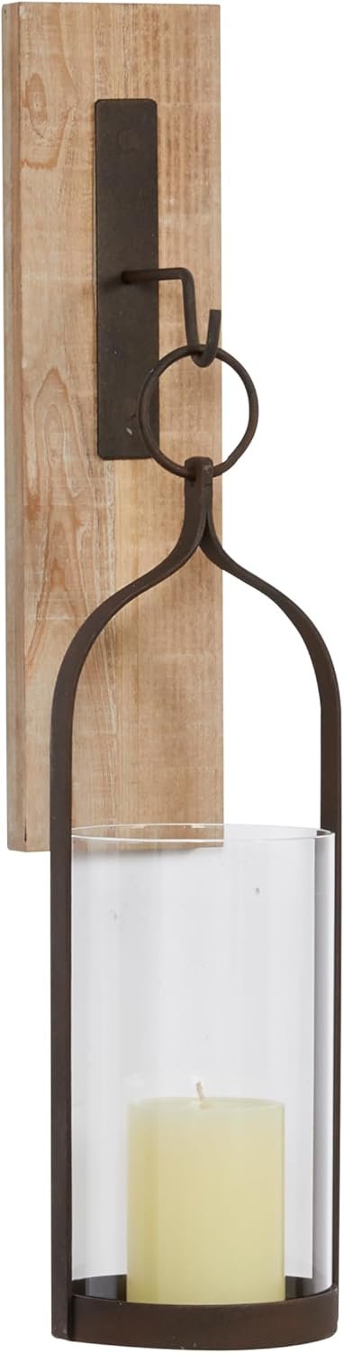 Wood Wall Sconce with Suspended Black Metal and Glass Holder, 6" x 6" x 23", Brown