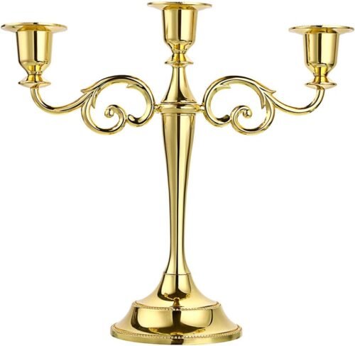 3 Arms Metal Candelabra Candlestick Silver European Elegant Candle Holder Candle Stand for Wedding Dining Table Christmas Party Home Decoration (Golden Tone)