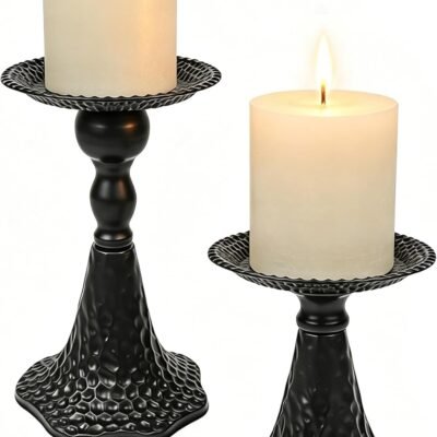 Pillar Candle Holders Set of 2, Vintage Candle Holder for Table Centerpiece, Fireplace Decor, Dining and Living Room Decoration, Solid Iron, Matte Black