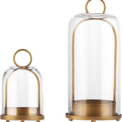 5" & 4" Wide Versatile Metal Candle Holder with Handmade Sturdy Glass Dome in Brass for Pillar Candle & Plants, 5.1" xH11.8 4" xH7.5, Industrial, Farmhouse, Shabby Chic. (2, Brass, Large & Small)