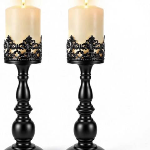 2PCS Candle Holders for Pillar Candles Gothic Matte Black Vintage Tall Candle Holders Set Table Centerpiece Set Iron Candle Stand Decor