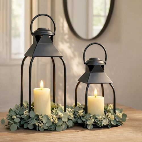 Decorative Metal Lanterns Indoor Outdoor, Candle Holder for Porch, Patio, Fireplace, Floor, Wedding, Christmas, Fall, Holiday, Farmhouse Table Centerpiece (Black, Set of 2 15.7" 12")