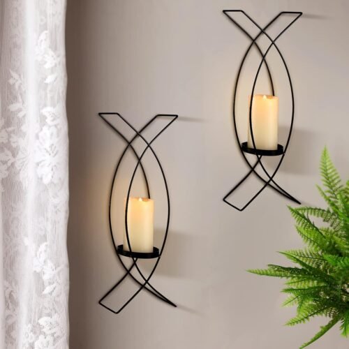 Candle Sconces Set of Two Metal Wall Candle Holder Wall Mounted Sconces Decorative Iron Holder for Living Room Bedroom Dining Room Decorations(Black)