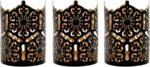 Set of 3 Black Metal Candle Holders 4 Inch High - Lattice Cut Lanterns for Table Centerpiece, Wedding, Home Decor, Indoor Outdoor