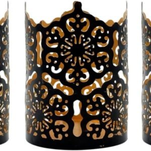 Set of 3 Black Metal Candle Holders 4 Inch High - Lattice Cut Lanterns for Table Centerpiece, Wedding, Home Decor, Indoor Outdoor