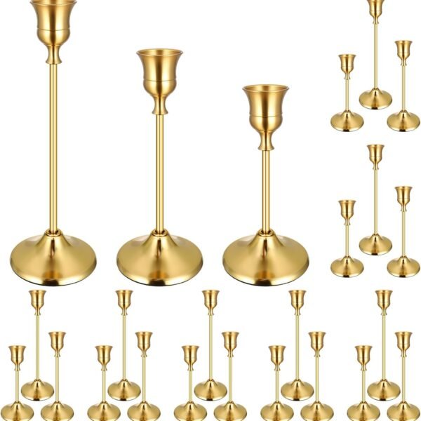 24PCS Brass Gold Taper Candle Holders Set, Vintage Metal Candlestick Holders for Table Centerpiece, Wedding Reception, Festive Christmas Mantel Decoration Gold