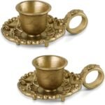Gold Taper Candle Holders Set of 2, Vintage Metal Candlestick for Table Centerpieces, Wedding, Mantel Decor, Housewarming Gift