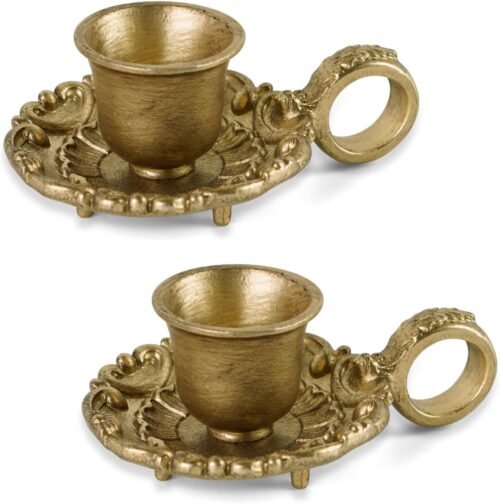 Gold Taper Candle Holders Set of 2, Vintage Metal Candlestick for Table Centerpieces, Wedding, Mantel Decor, Housewarming Gift