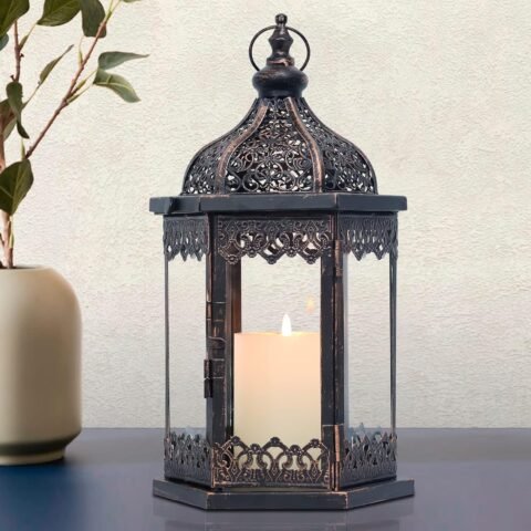 Lanterns Decorative Indoor, 14.8'' Vintage Outdoor Lantern with Clear Glass, Metal Candle Holder for Front Porch, Patio, Wedding, Party, Home Kitchen Coffee Table Livinig Room Decor