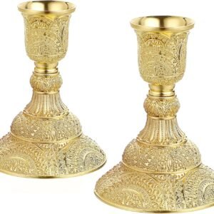 2PCS Brass Taper Candle Holders Candle Stick Holders Set Vintage Metal Pillar Candlestick Holders, 4”H Elegant Candle Stand Candelabra for Dining Table Centerpieces Wedding Home Decoration, Gold