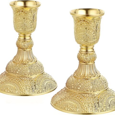 2PCS Brass Taper Candle Holders Candle Stick Holders Set Vintage Metal Pillar Candlestick Holders, 4”H Elegant Candle Stand Candelabra for Dining Table Centerpieces Wedding Home Decoration, Gold