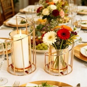 2PCS Metal Wire Candle Holder, Glass Pillar Candle Holders Gold Decorative Tea Light Candleholders for Party Wedding Dinners Decor Decorative Flower Vase Office Living Room