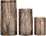 Metal Indoor Outdoor Candle Lantern Cutout Tree Branch Lantern Candle Holder with Gold Interior, Set of 3 Lantern 12", 9", 5"H, Bronze