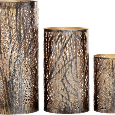 Metal Indoor Outdoor Candle Lantern Cutout Tree Branch Lantern Candle Holder with Gold Interior, Set of 3 Lantern 12", 9", 5"H, Bronze